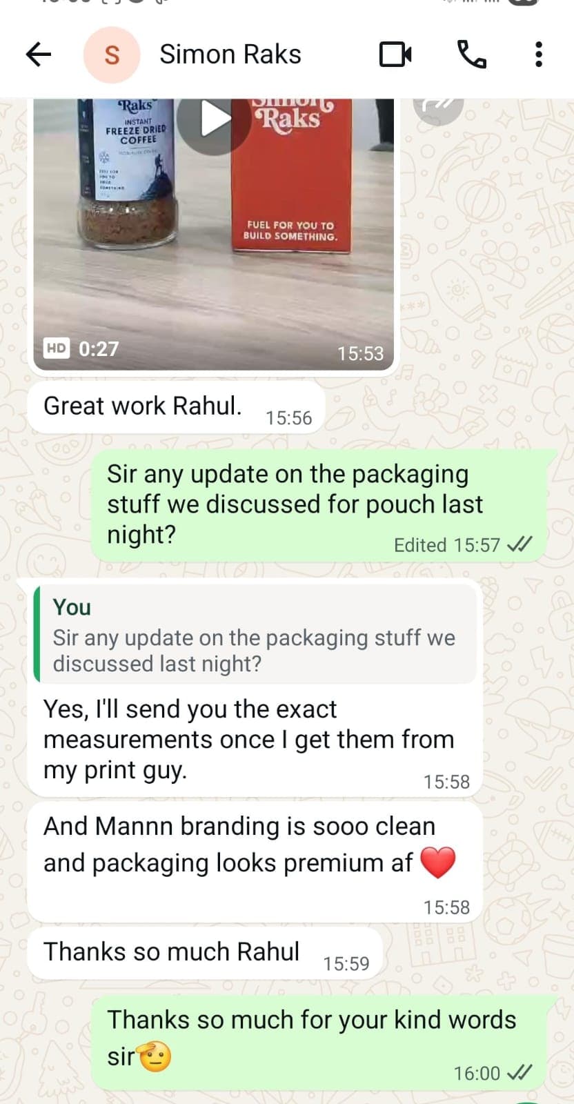Simon Raks client feedback on branding and packaging design