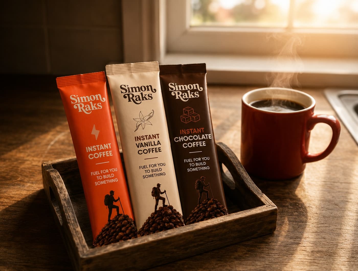 Simon Raks Instant Vanilla and Chocolate coffee stick pack variants