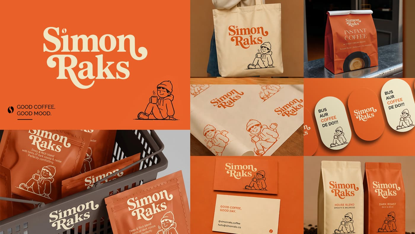 Simon Raks playful brand system option with mascot and packaging